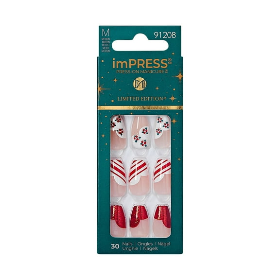 imPRESS Holiday Press-On Nails, Heartfelt, White, Medium Length, Coffin Shape, 30 Ct.