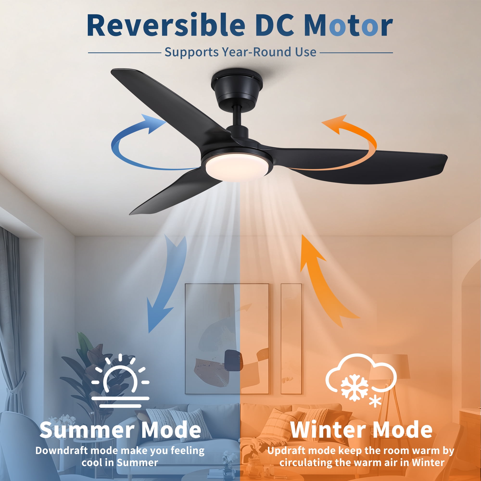 52 inch Modern Outdoor Waterproof Black Ceiling Fan with Light and Quiet DC Motor