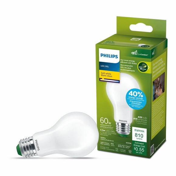 Philips Ampoule LED ultra efficace 60 W A19 1PK Blanc doux givré