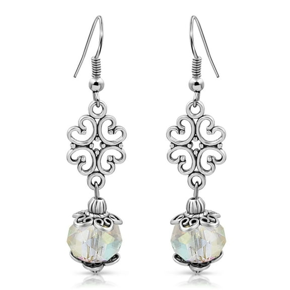 Besheek Silvertone Ornament and Clear AB Crystal Boho Style Dangle Earrings