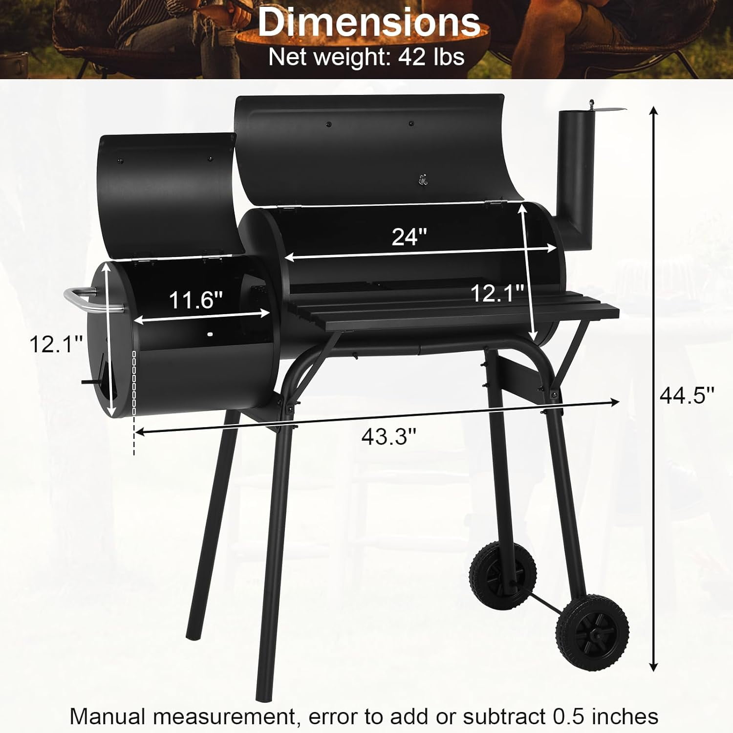 Dkelincs 43" Portable Charcoal Grills with Offset Smoker and Thermometer, Outdoor Barbecue Grill for BBQ Camping Picnic