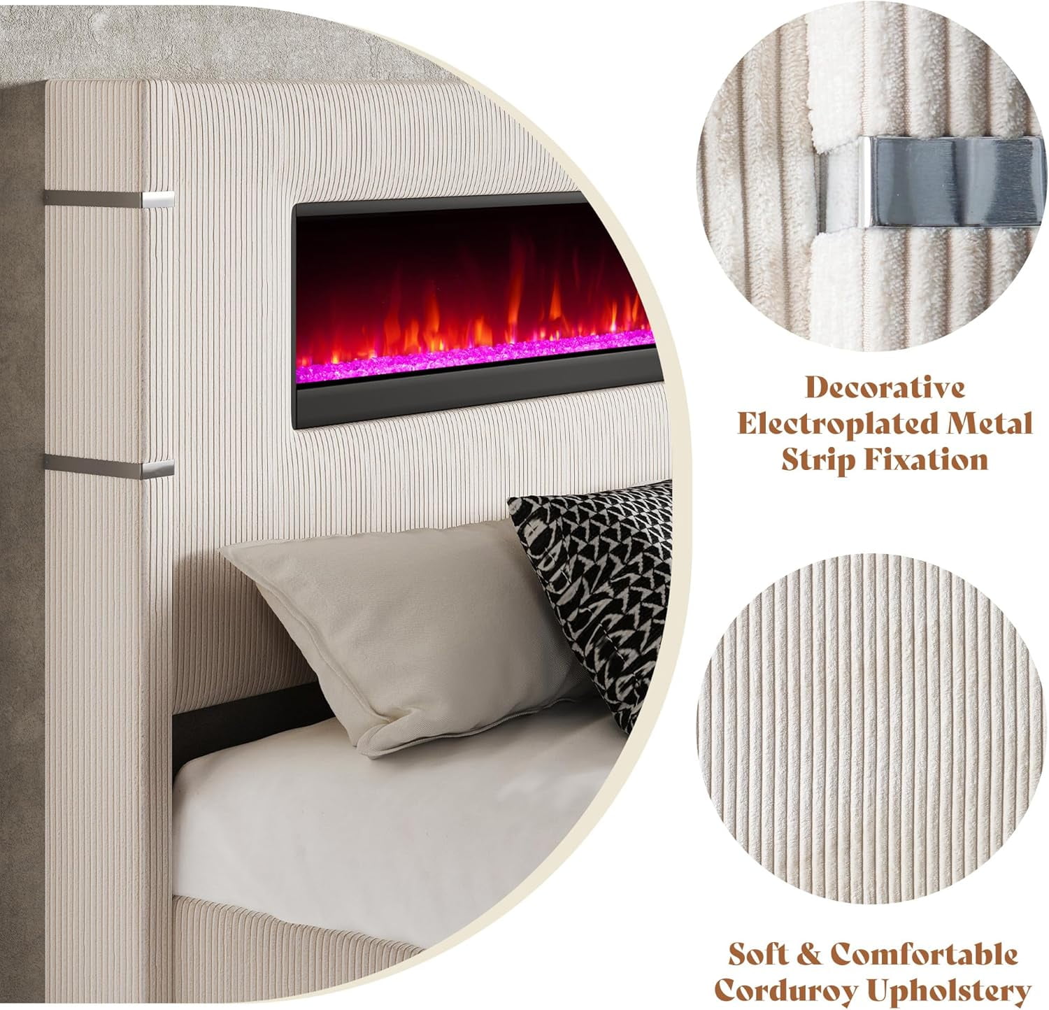 Merluxy Modern 60.4" H King Size Bed Frame with Fireplace and Tall Headboard, Cream Wingback Platform