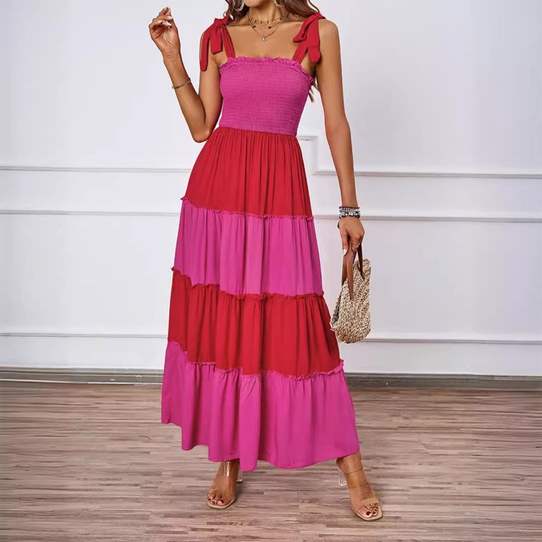Kaemgyyd Dress for Women Tie Shoulder Sleeveless a Line Dress Maxi Dress Color Block Smock Tiered Flowy Beach Dress - Walmart.com Kaemgyyd Dress for Women Tie Shoulder Sleeveless a Line Dress Maxi Dress Color Block Smock Tiered Flowy Beach Dress - Walmart.com