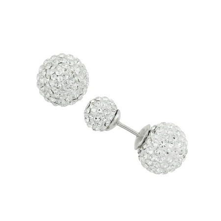 - White Crystal 7mm and 10mm Double Front-Back Ball Sterling Silver Stud Earrings