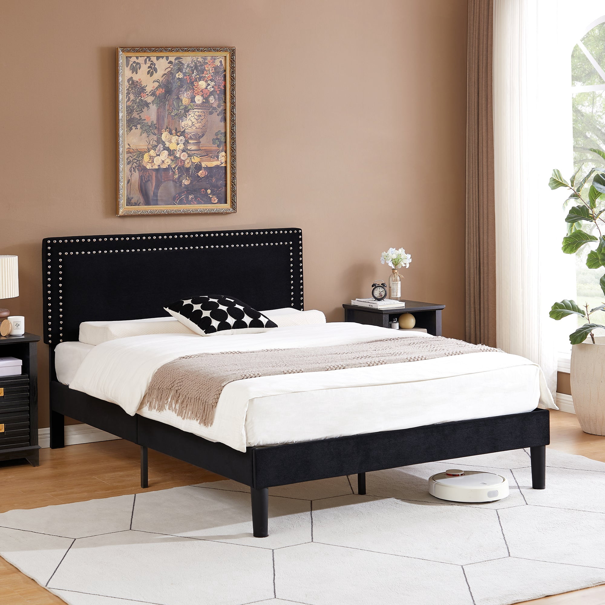 VECELO Full Size Platform Bed Frame, Modern Upholstered Bed Frame with Adjustable Height & Nailhead Trim Headboard, No Box Spring Needed, Easy Assembly, Black