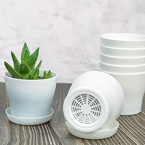 10 Pcs Plastic Planters Indoor Flower Plant Pots, Mini Flower Seedlings Nursery Pot/Planter/Flower Pot with Pallet, Modern Decorative Gardening Containers (White25)