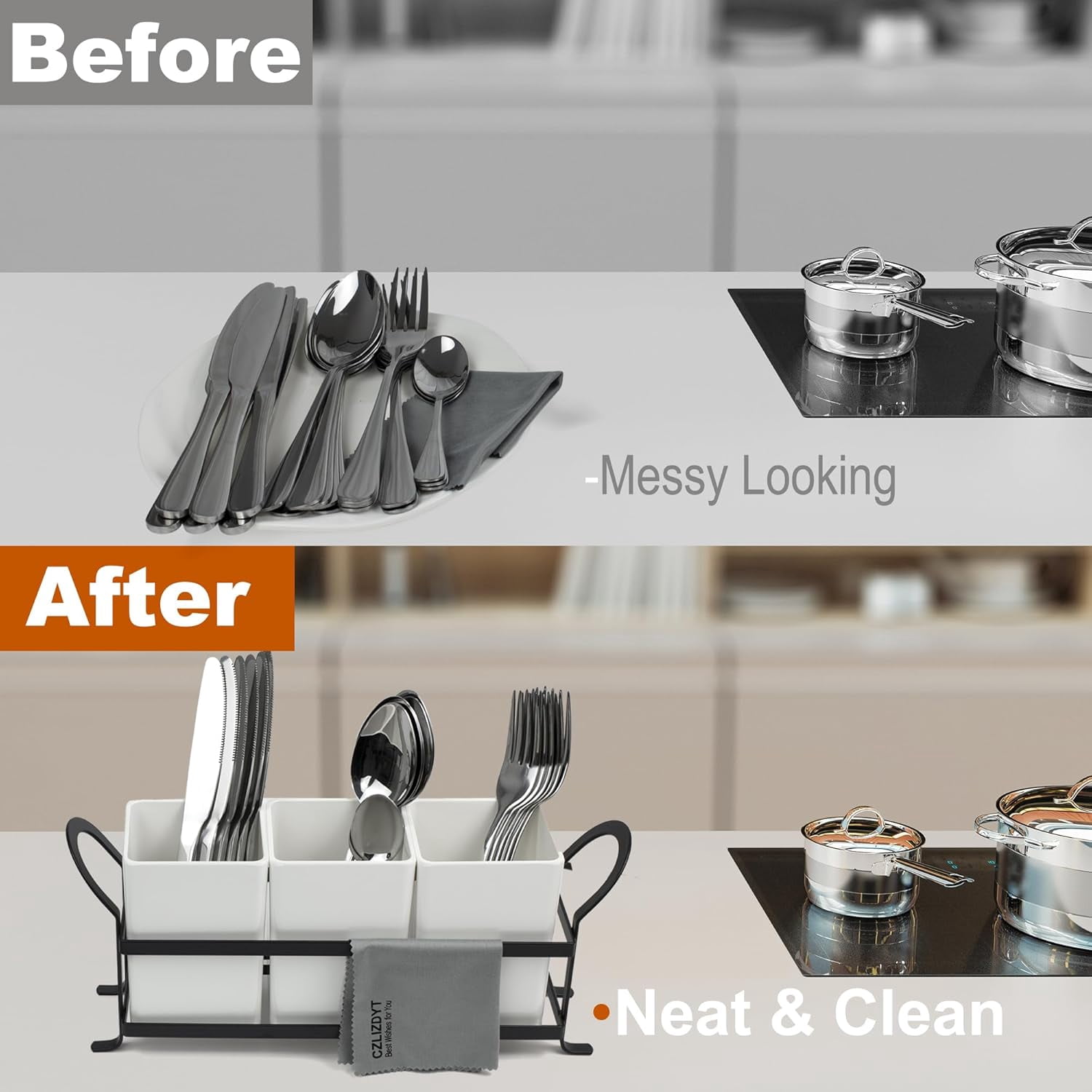 CozyNestFinds Cutlery Holder with Drain Holes, Silverware Caddy for Party Countertop, 3pcs Bins Set Utensil Holders for Spoon and Fork, White