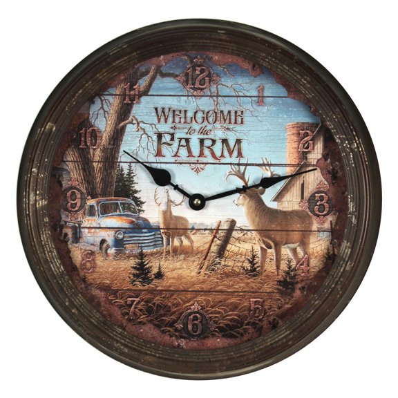Rivers Edge Products 15 Inch Large Wall Clock, Distressed Analog Clock With Tin Frame, Rustic Wall Clock for Bedroom, Living Room, Bathroom, Kitchen, Office, or Cabin Decor, Deer Scene