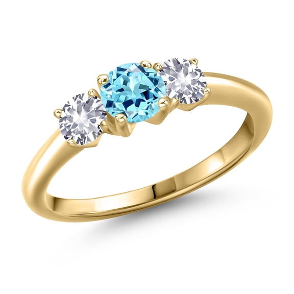 Gem Stone King 10K Yellow Gold Blue Apatite and White Created Sapphire Engagement Ring for Women | 1.00 Cttw | Round 5MM | Gemstone Birthstone | Size 8