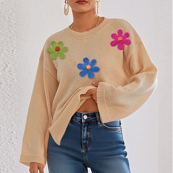 HongQid Women Floral Sweater Long Sleeve Round Neck Casual Lounge Colorful Flower Knit Pullover Top