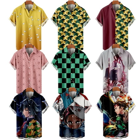 

MLFU Demon Slayer Mens Shirt Short Sleeve Button Down Classic Polyester Hawaii Shirts Relaxed-Fit Blouses Plus Size Men