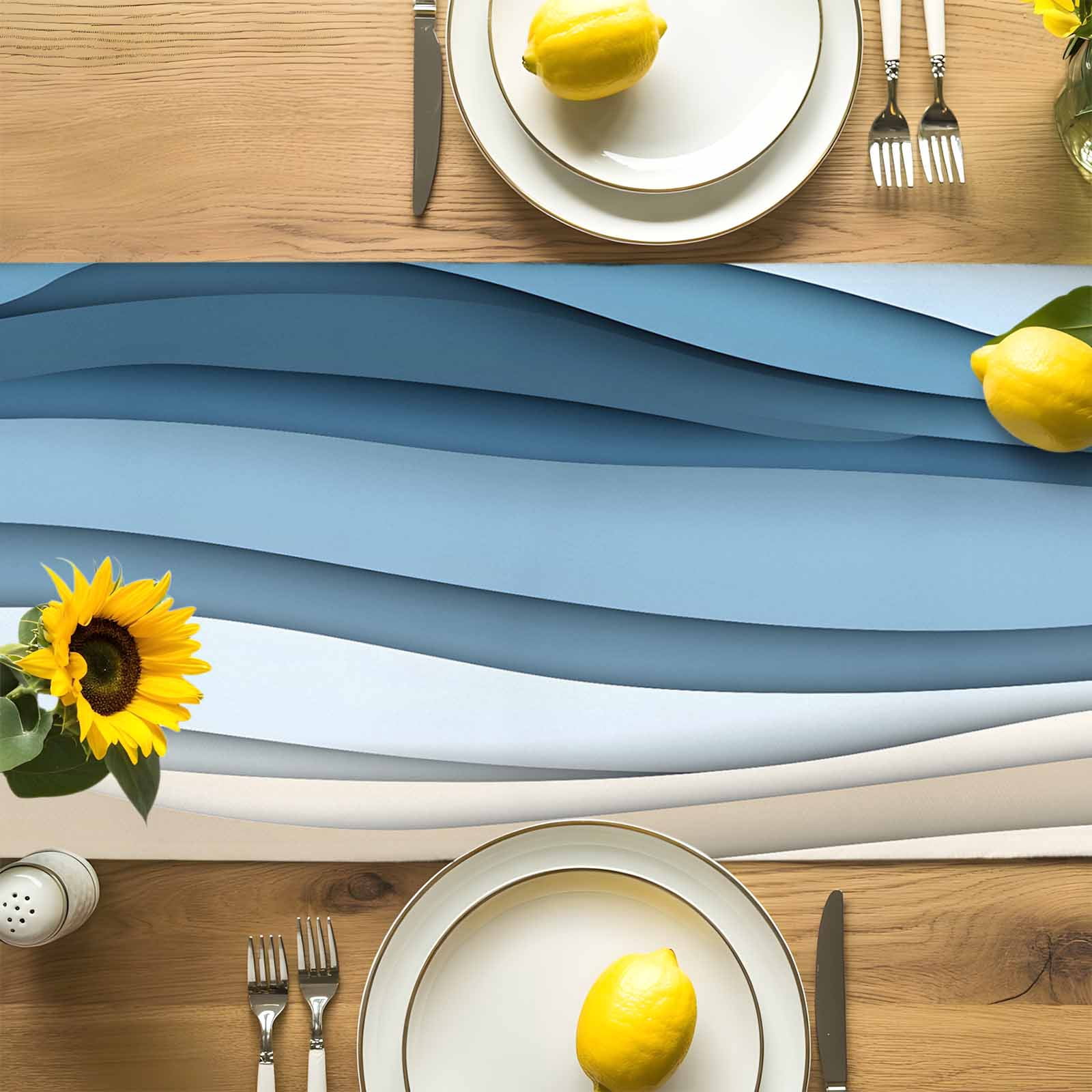 Ocean Blue Water Ripples Table Runner 90 Inches Long, Abstract Geometric Gradient Table Runners Tabletop Scarf Kitchen Dining Tables Decoration for Home Party Indoor Outdoor