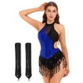 thumbnail image 1 of YONGHS Robe de Danse Jazz Latine à Franges pour Femmes Jupe Justaucorps de Salon Rumba avec Gants Bleu Royal P, 1 of 5