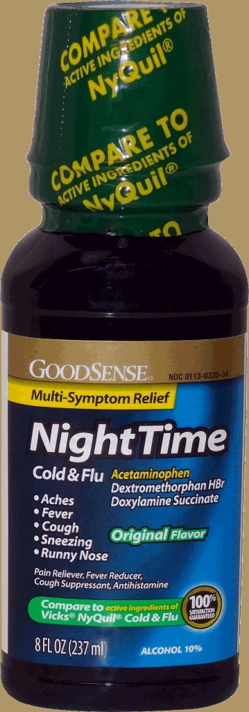 Photo 1 of 10 PACK
BEST BUY DATE: 11/2022
GoodSense Nighttime Cold & Flu Relief, Pain Reliever, Fever Reducer, Cough Suppressant & Antihistamine, 8 Fluid Ounces Green
