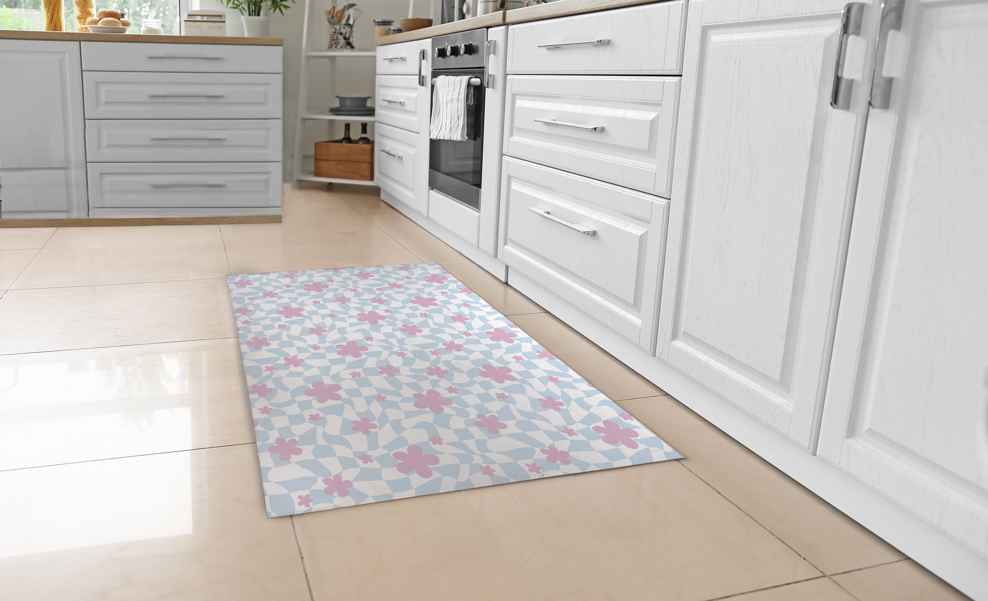 WARPED CHECKERBOARD FLOWER BLUE Kitchen Mat By Becca Garrison