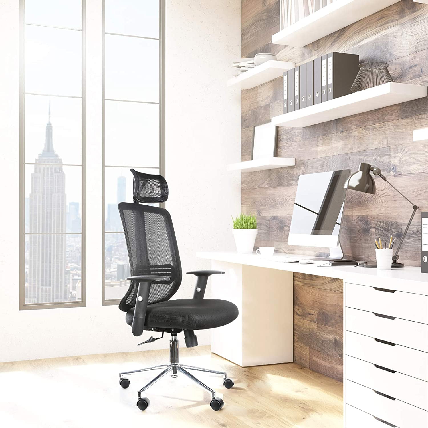 NewGen Ergonomic High Back Office Chair with Adjustable Arms, Headrest Support, S-Shaped Back, 3.2" Thicker Cushion, Back Tilt, Breathable Mesh, Durable Casters for Smooth Mobility. Stylish Black