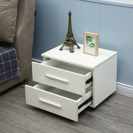 2 Layer End Bedside Table Modern LED Light Nightstand with Drawer Storage White Nightstand White 2 Drawers Modern High Gloss Bedside End Table LED RGB Light 2 Drawers Modern High Gloss