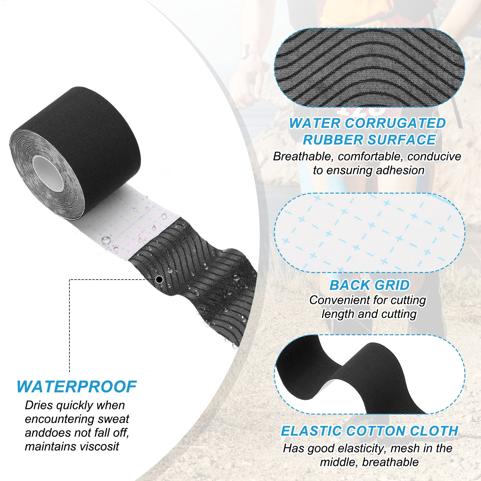 Uxcell Kinesiology Tape, Adhesive Cotton Sport Muscle Support Tapes Waterproof Elastic Tape for Knee Ankle Wrist Shoulder Blue/Skin/Light Skin/Black