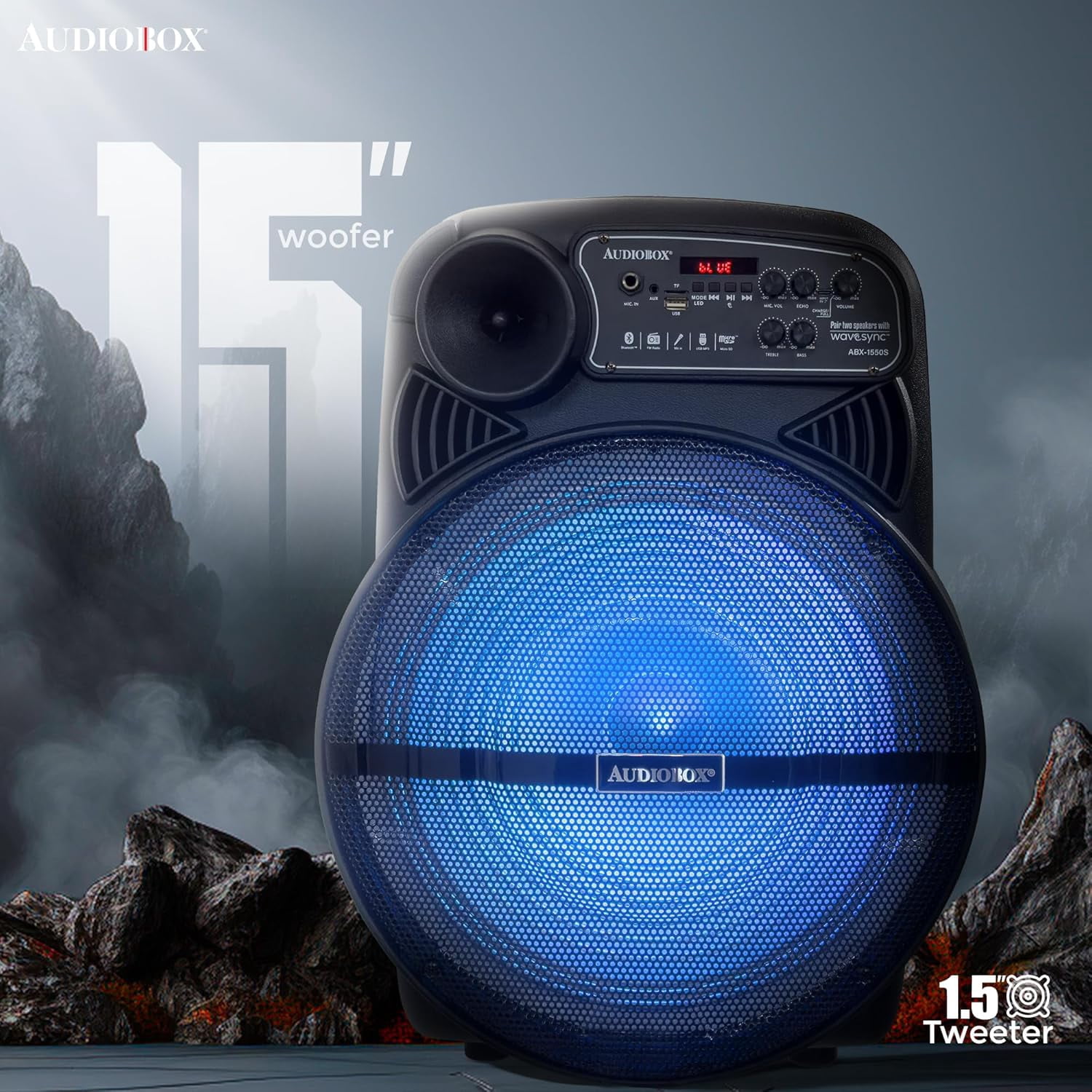 Audiobox ABX-1550S 15" Portable Party Bluetooth Speaker with LED Lights, Stand, Wireless Mic, and Rechargeable Battery – Ideal for Outdoor Events, Karaoke, and House Parties