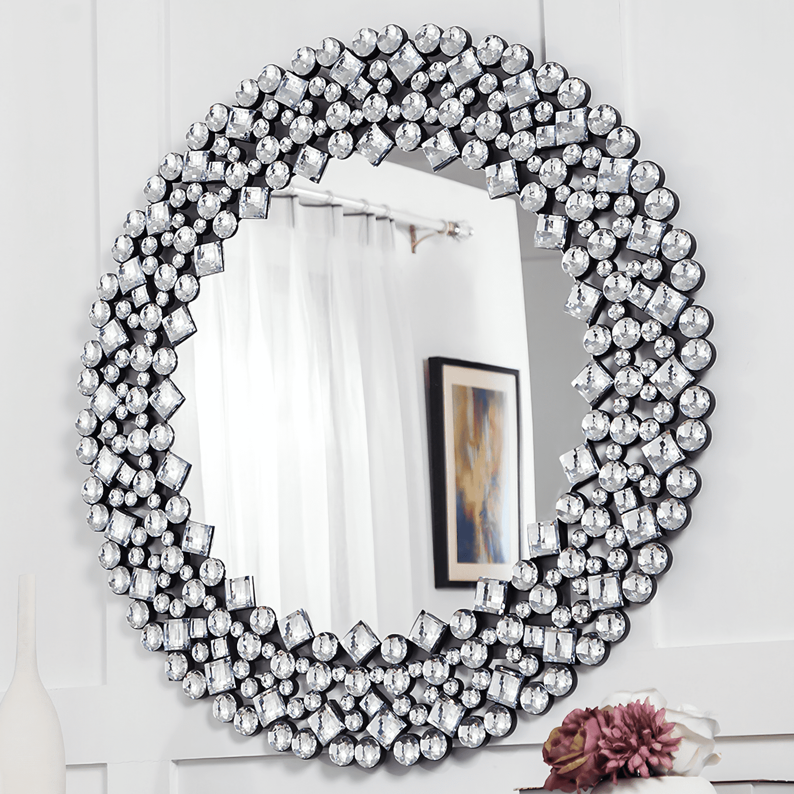 SHYFOY 34 Round Mirrors for Wall Decor,Oversize Jeweled Ornate Wall Mirror  Decorative Accent Mirror Chic and Sparkly for Living Room Bathroom Bedroom