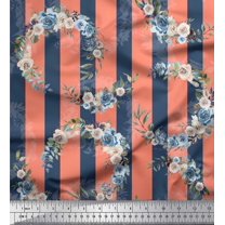 Soimoi Orange Heavy Satin Fabric Stripe & Half Wreath Rose Floral Printed Craft Fabric by the Yard 54 Inch Wide