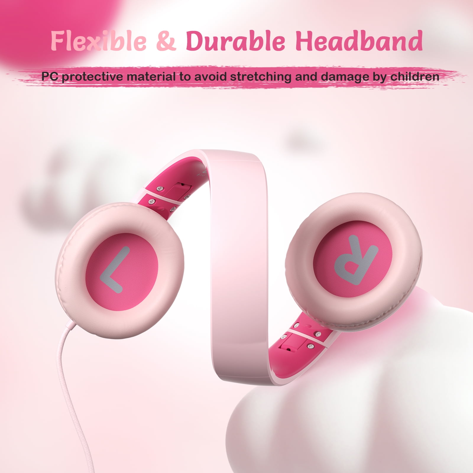 Tonoshark Kids Wired Headphones with Microphone, Volume Limited to 85/94dB Pink Earphone for Girls, Foldable 3.5mm Jack Headset for School & Travel, Includes Portable Case