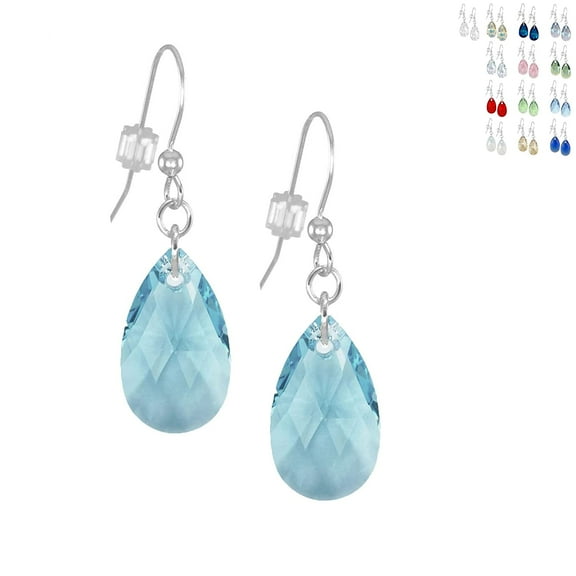One Pair Austrian Crystal 16mm Teardrop .925 Sterling Silver Earrings - Aquamarine Blue