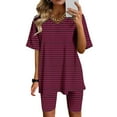 thumbnail image 2 of Timegard Ensembles 2 Pcs pour Femmes Été à Rayures Col en V Manches Courtes Hauts Leggings Courts Ensembles Décontractés Confortables, 2 of 4