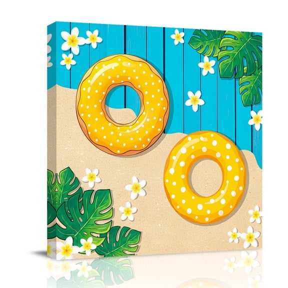 Tropical Summer Beach Canvas Wall Art for Living Room, Swimming Ring Floral Monstera Blue Poster Print Painting for Bedroom Office Home Decoration Wall Pictures Prepare To Hang 8"x8"