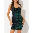 thumbnail image 2 of INSPIRE CHIC Robe à Paillettes Col en V pour Femmes Robe Moulante à Bretelles Spaghetti Cravate Mini Robe de Soirée Petite Verte, 2 of 5