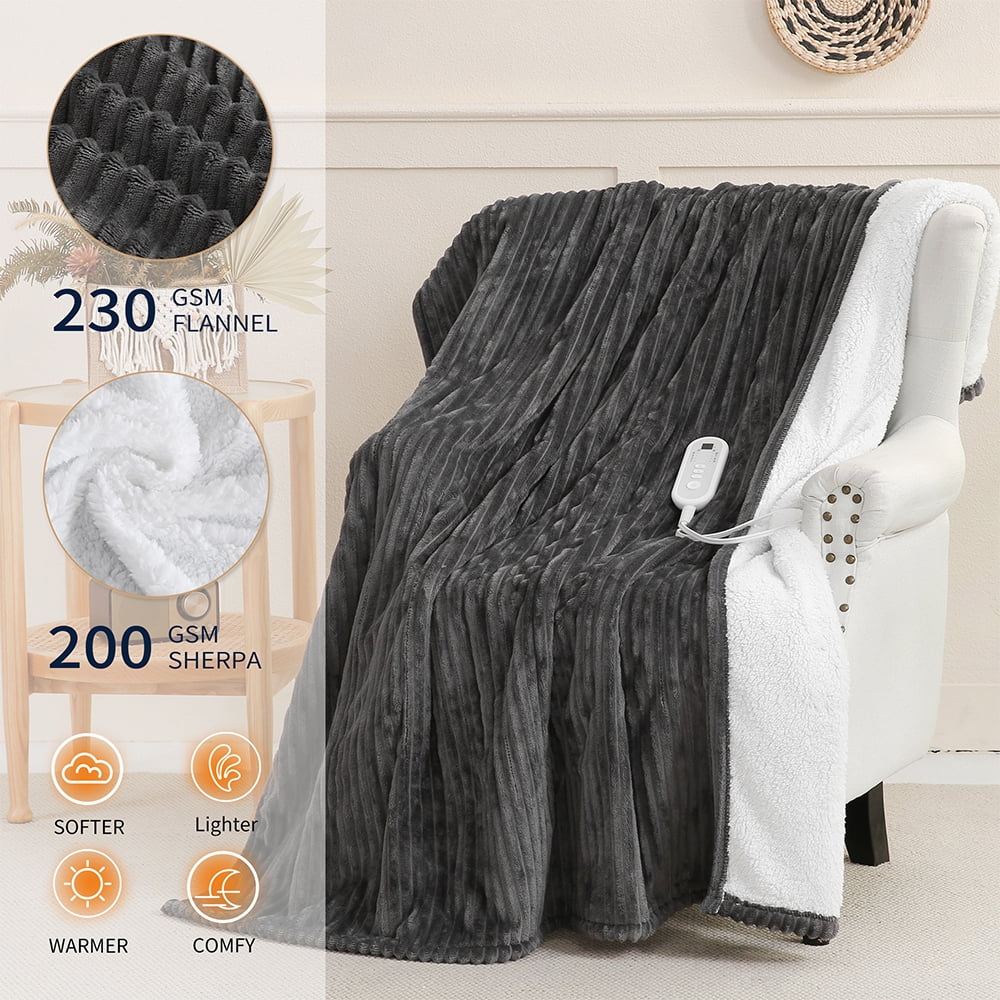 Sheet&Joy Heated Blanket Electric Grey Throw - 50"x60" Heating Blanket 8 Hours Auto-Off 8 Heat Level Over-Heat Protection Ribbed Flannel Sherpa Electric ETL Certification