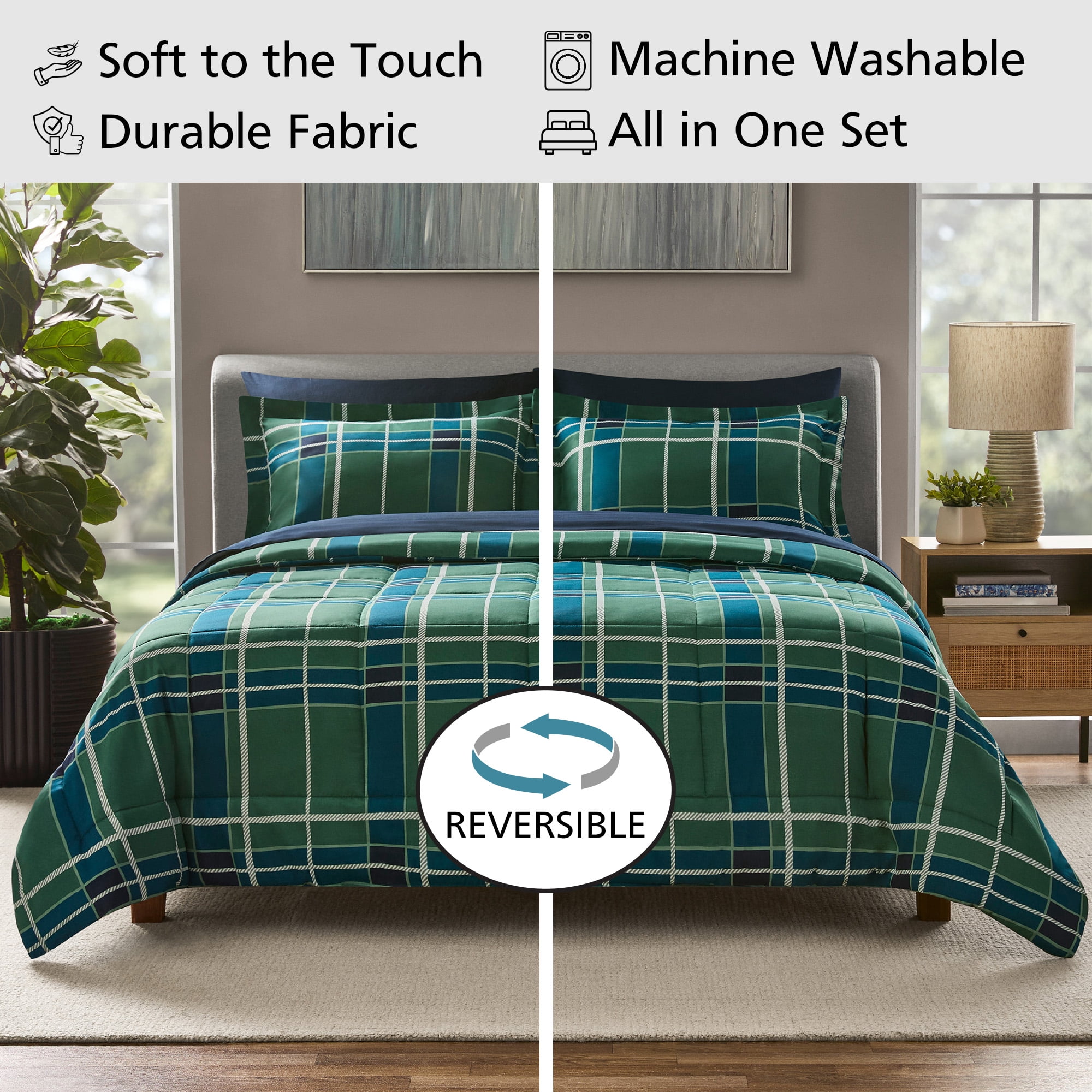 Mainstays Bed in a Bag Reversible Comforter Set with Sheets, 7 Piece, Full, Green and Navy Plaid