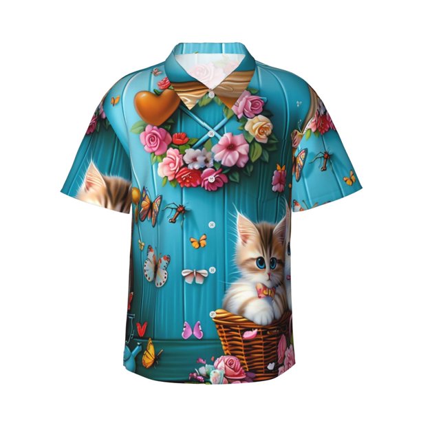 Fotbe Whimsical Cats and Flowers Scene Camisa Hawaiana para Hombre Unisex – Camisa Casual de Verano con Botones de Manga Corta de Algodón y Lino,X-Large