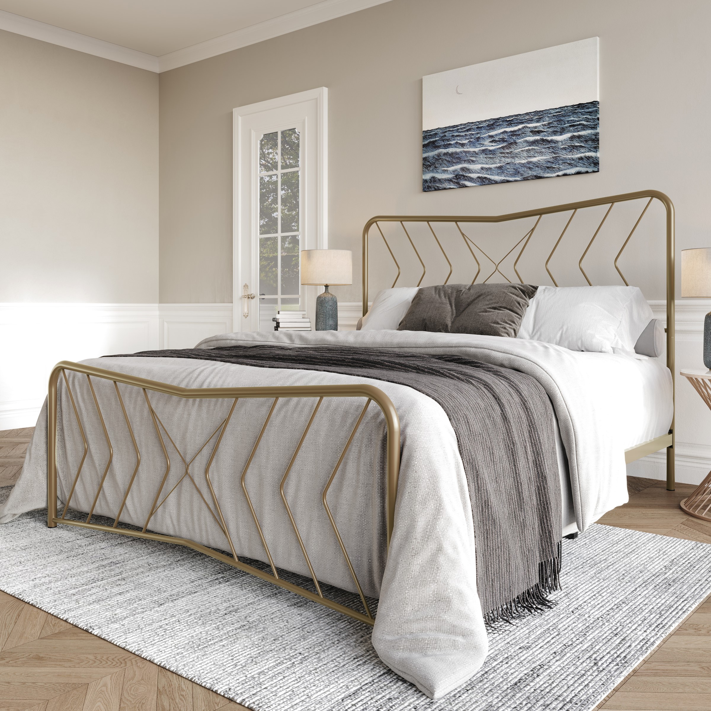 Home Design Rosette Queen Metal Bed – Metallic Gold, Durable Queen Bed