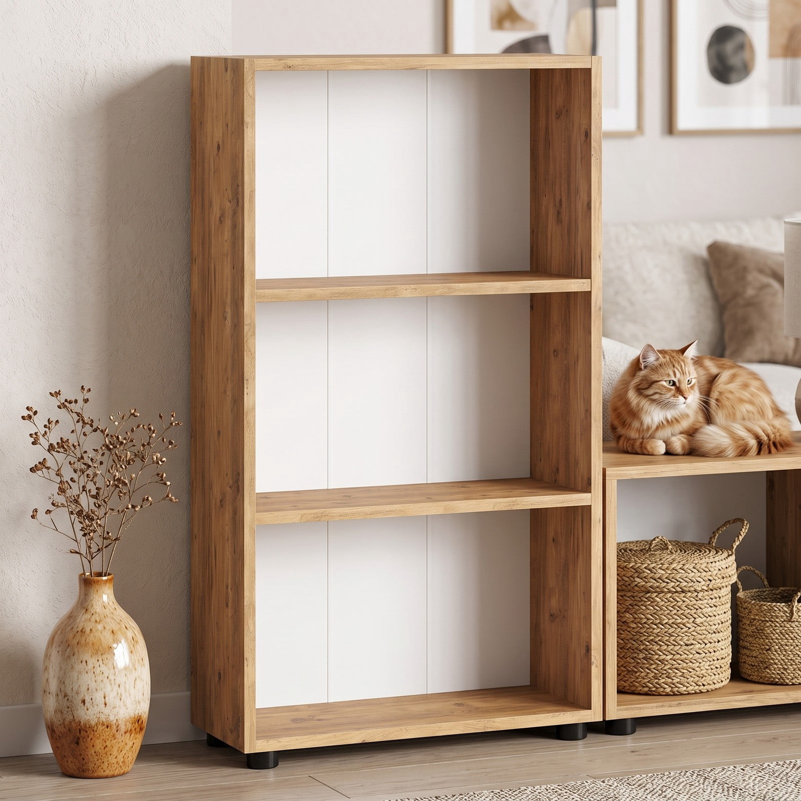 Furnibear 3-Tier Bookcase 42 Inch Tall Bookshelf with Anti-Tipping Kit, Freestanding Open Wood Storage Shelf Organizer for Living Room Bedroom Home Office, Oak Brown
