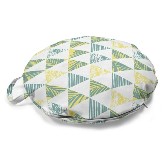 Tropical Round Floor Cushion with Handle, Triangle Shapes and Inner Foliage Leaves Stripes Grunge Modern Art, Pillow for Living Room & Dorms, 18" Round, Pale Green and Cadet Blue, by Ambesonne
