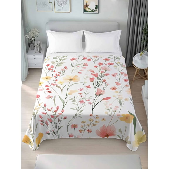 Elegant Spring Floral Queen Size Flat Sheet, Wrinkleproof & Fadeproof Cooling Flat Bed Sheet Only, Botanical Summer Flowers Breathable Soft Bedding Top Sheets 90 x 102 Inches
