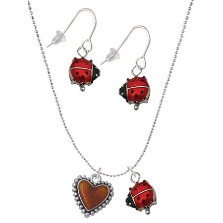 Delight Jewelry Silvertone Translucent Brown Heart with Beaded Border Red Lucky Ladybug Necklace and Dangle Earrings Set Delight Jewelry Silvertone Translucent Brown Heart with Beaded Border Red Lucky Ladybug Necklace and Dangle Earrings Set