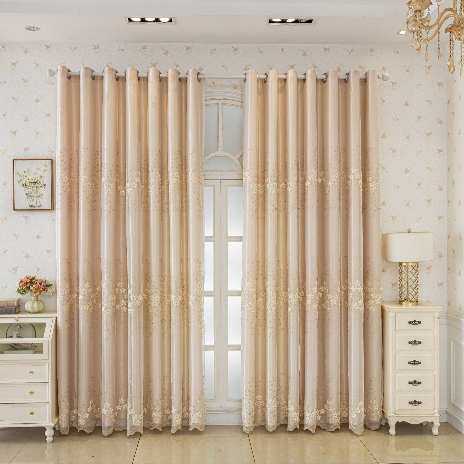 Sunyuer 2 Panels Luxury Embroidery Double Layer Blackout Curtains for Living Room Bedroom European Floral Darkening Curtains Beige 2 Layers Curtains with Lace Valance Grommet