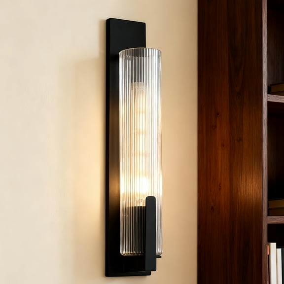 Contemporary Black Clear Ribbed Glass Iron Forge Sconce, Modern Wall Lamp, Elegant Wall Light, Minimalist Vanity Light beside Mirror, for Entryway, Hallway, Living Room