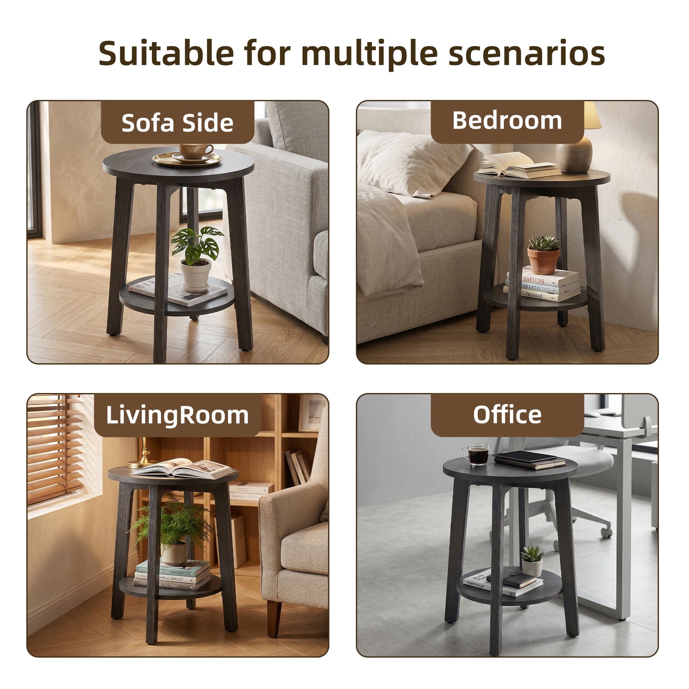 EDX Small Round End Table, Modern Nightstand with Tapered Legs, 2-Tier Storage Side Table, Easy Assembly, Space-Saving Accent Table for Living Room Bedroom, Grey