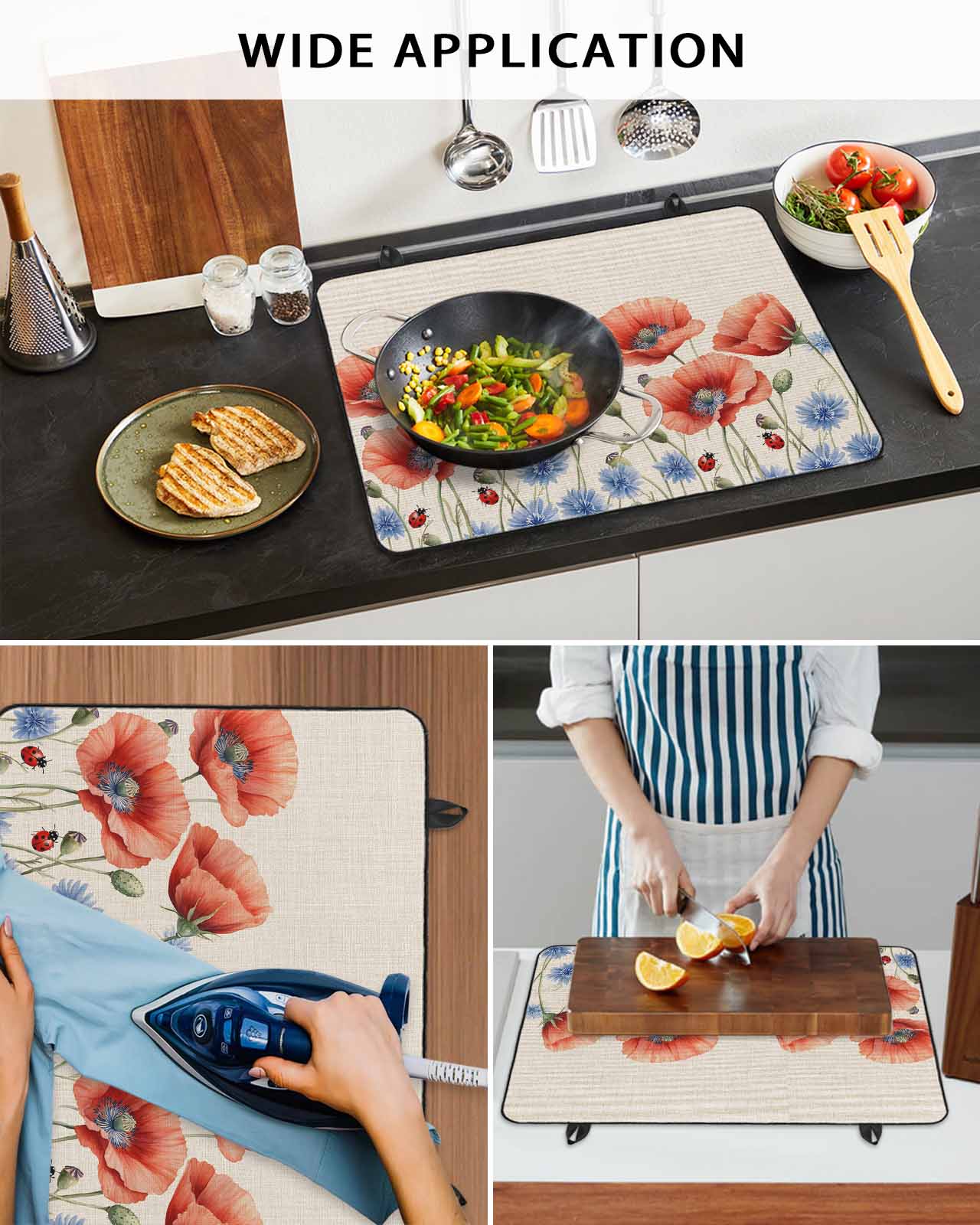 nqOlkjepod Large Induction Cooktop Protector Mat 24"x21", Independence Day Stove Top Covers for Electric Stove, Vintage Red Blue Botanical Floral Stove Burner Cover Mats, Glass Top Stove Cover
