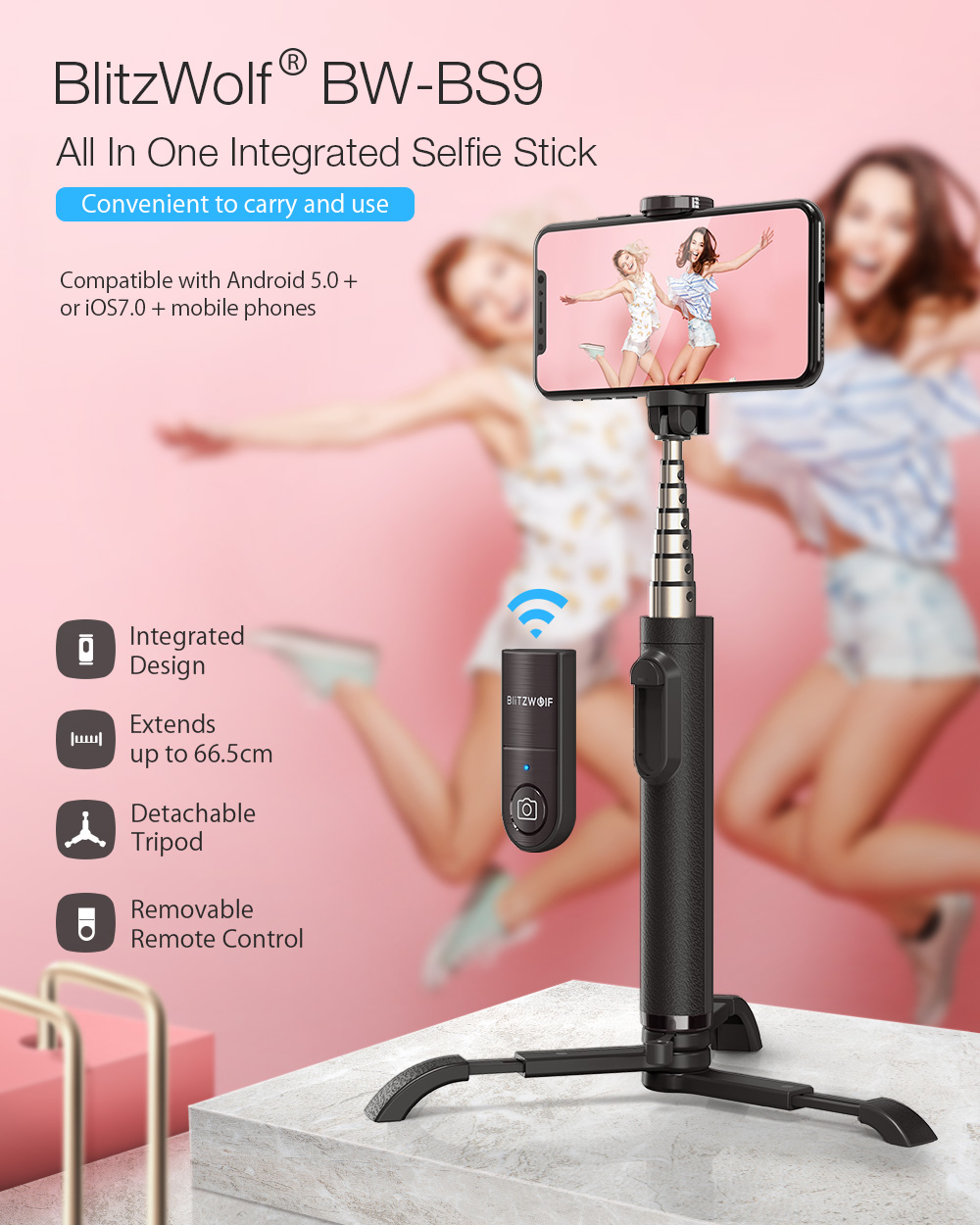 BlitzWolf Selfie Stick Tripod, Bluetooth Wireless Phone Stick Stand, All In One Integrated Detachable for iPhone Android Cell Phone Sport Camera - Black - image 2 of 9