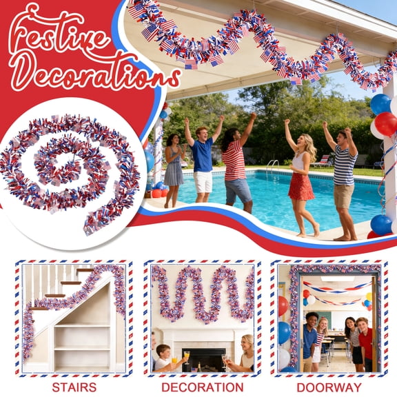 Red White Blue Patriotic Tinsel Garland with American Flags, Metallic Foil Fringe Banner Streamers for 4th of July, Memorial Day, Veterans Day, Independence Day, and Parade Decorations