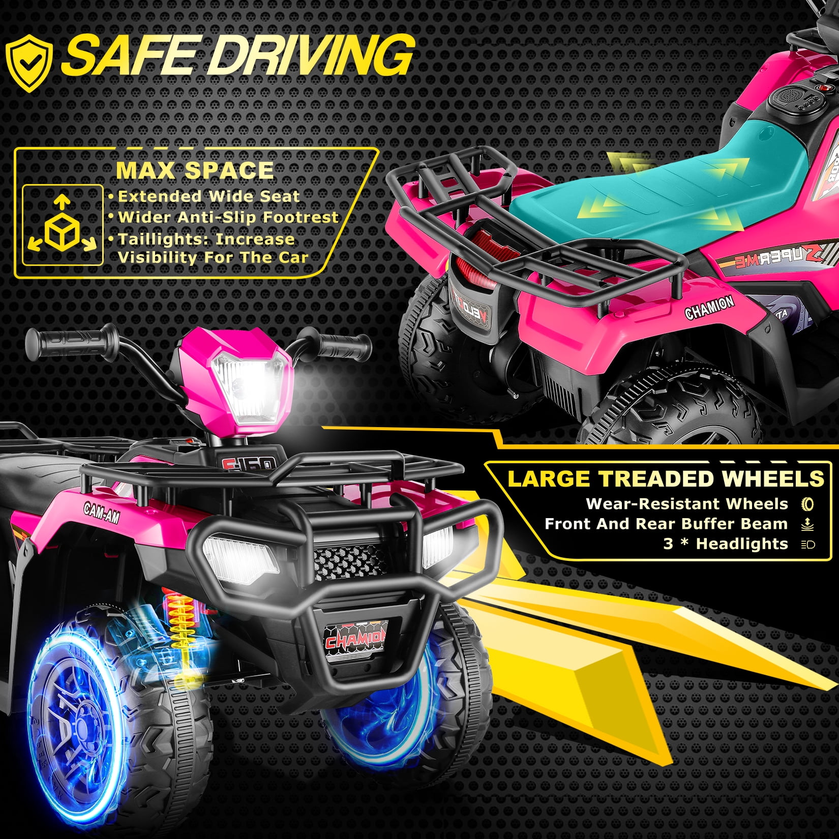 Funcid 12V Kids Ride on ATV 4-Wheeler Quad Battery Powered Electric Car with High/Low Speed, 2X30W Motor, Treaded Tires, Soft Braking, LED Light, Music, Rose Red