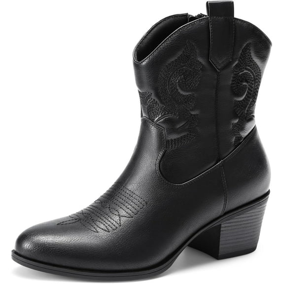 Women's Embroidered Booties - Low Chunky Heel Ankle Boots with Round Toe for Fall