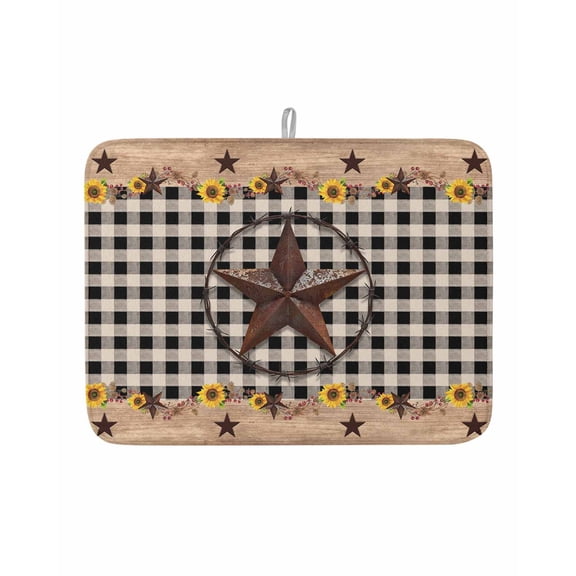 Texas Star Dish Drying Mat 18x24 inch Country Star Sunflower Vintage Plaid Wood Grain Super Absorbent Microfiber Dish Drying Pad for Kitchen Countertops Sink Dish Drainer Racks Coffee Bar Mats 1 Pack