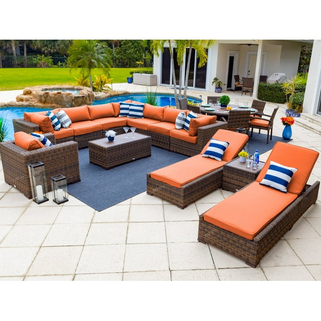 Tuscany 19-Piece Resin Wicker Outdoor Patio Furniture Combination Set with Sectional Set, Round Dining Set, and Chaise Lounge Set (Half-Round Brown Wicker, Sunbrella Canvas Tuscan)