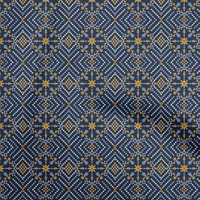 oneOone Velvet Blue Fabric Geometric Fair Isle Pattern Sewing Material Print Fabric By The Yard 58 Inch Wide