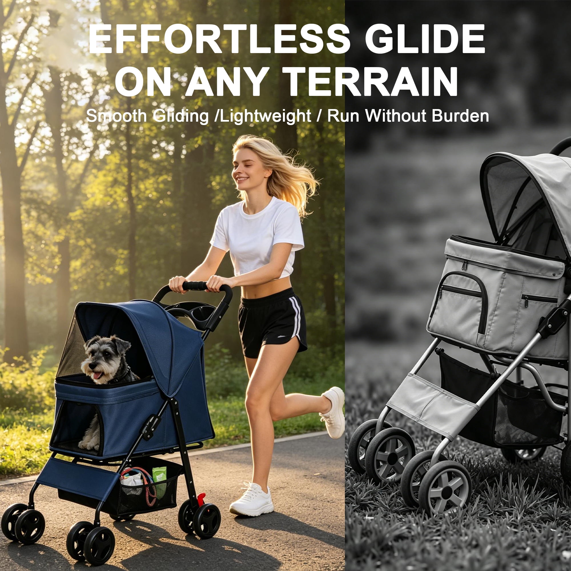 One-Click Foldable Blue Pet Stroller for Small Dogs & Cats, Holds Up to 28 LBS, Breathable Mesh, 360° Swivel Lockable Wheels, Storage Tray & Basket for Walks Vet Travel